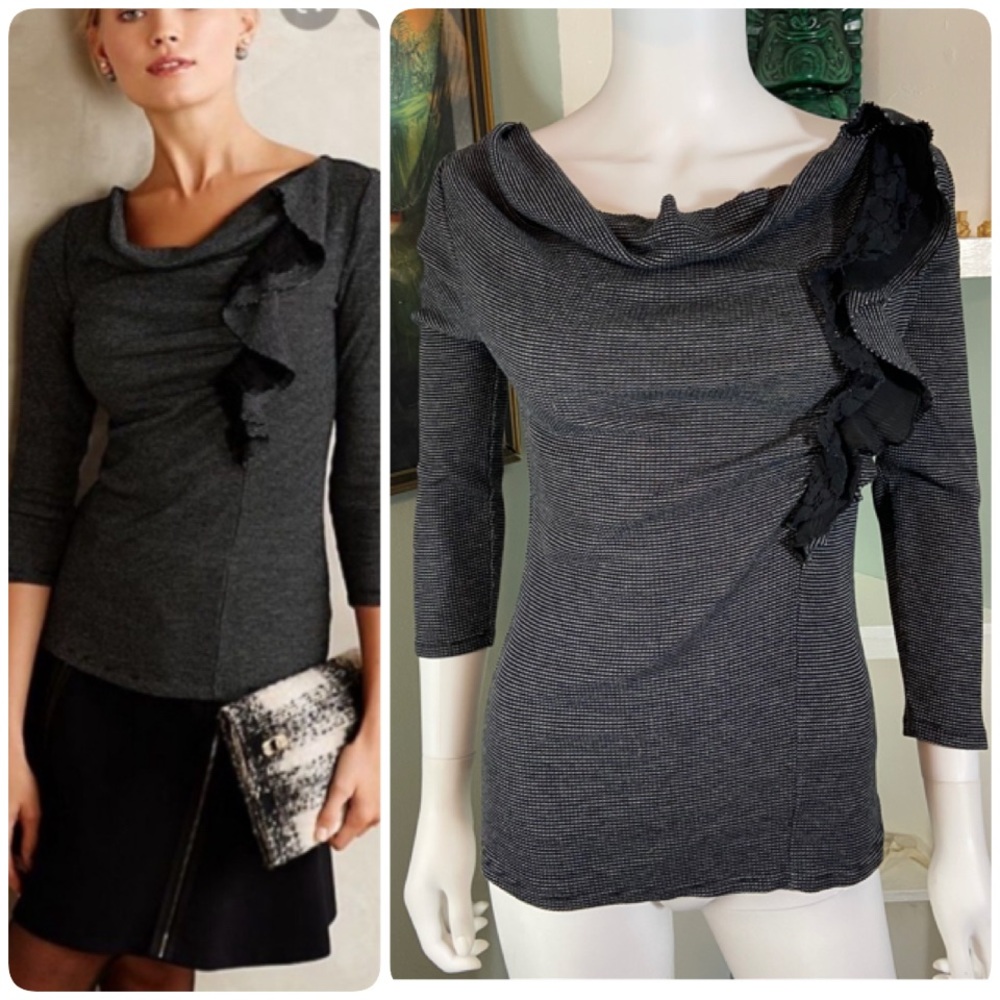 Deletta Anthropologie Ophelia Black White Draped Ruffle Top Blouse Shirt Small